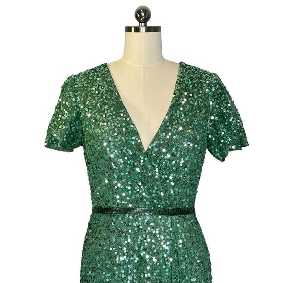 Mac Duggal Green Sequin Wrap Over Butterfly Sleeve Gown | 8 - Picture 4 of 11